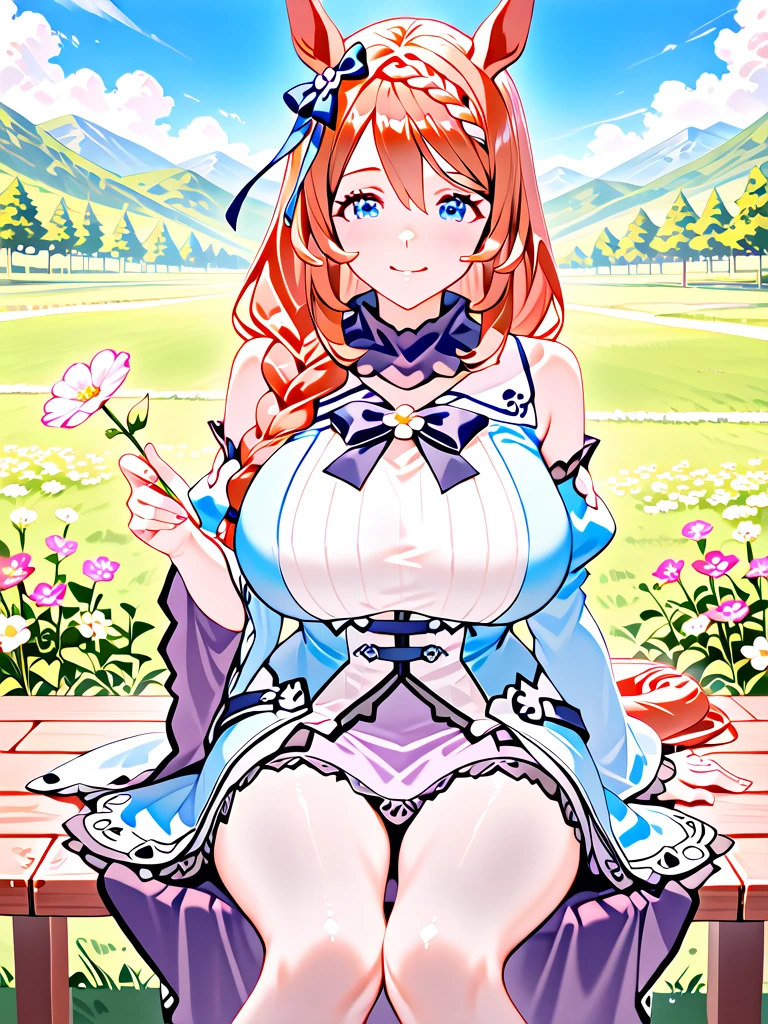 <lora:flofield:0.6>, flower field, <lora:3lyv4:0.6>, pointy ears, grin, red hair, huge breasts, blue dress, belt, sunset, full body, purple eyes, boots, puffy short sleeves,