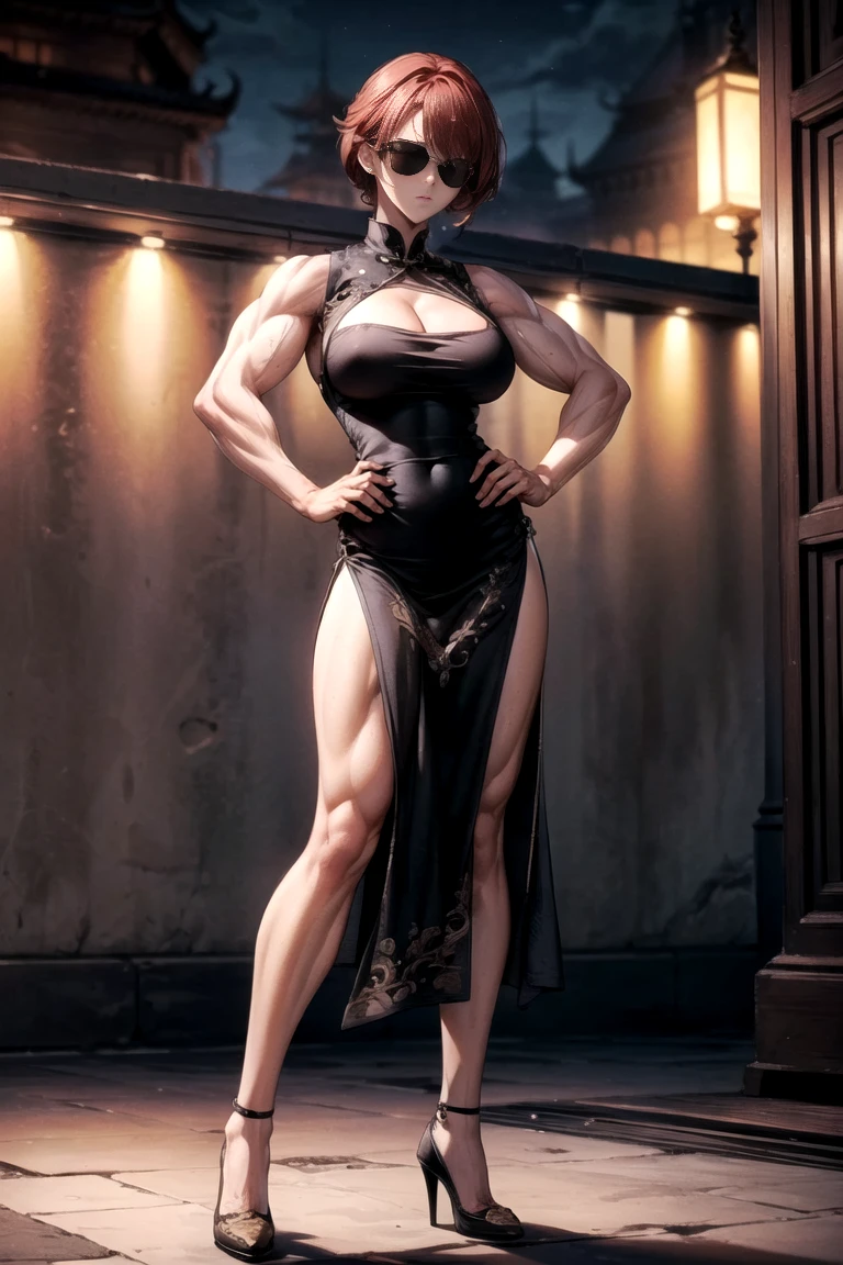 realistic, 1girl, yellow hair, black eyes, glowing eyes, gown, parted lips, blush, red carpet, muscles, biceps