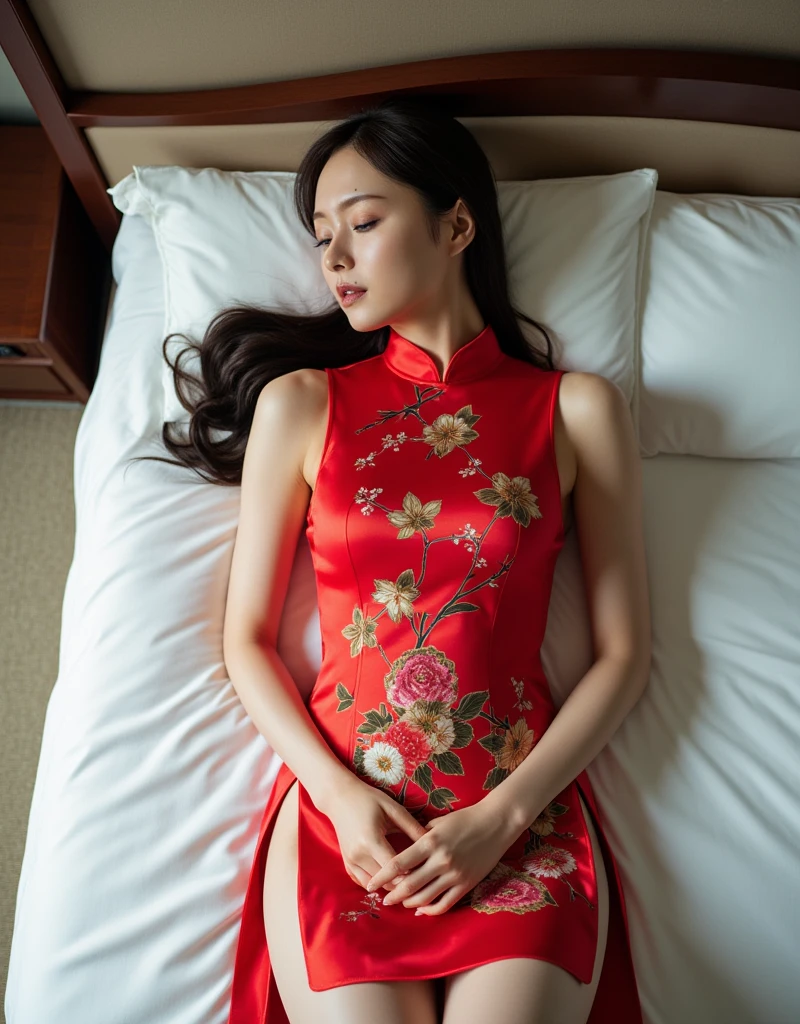 ((top-quality、masutepiece、8K、Top image quality、Very complex and detailed details))、1 female、Chinese beauty、(The most exclusive and intricately decorated red cheongsam:1.5)、(hide one's hands:1.5)、lyin in bed、(laying on back:1.5)、(Supine position in bed:1.5)、(Lying on your back in bed:1.5)、(Shooting the upper body from directly above:1.5)、(perfect anatomia、hide one's hands:1.5)、(face perfect、look at me perfectly、slightly narrowed eyes、perfect  eyes、The expression of climax :1.5)、(Skin shiny with sweat、sweat-wet skin、real moment sweat、Wet and glowing skin:1.3)、(a dark night:1.3)、(spectacular movie lighting:1.2)、(slight warm lighting:1.3)、(Late night bedroom:1.5)、large full breasts、cleavage of the breast