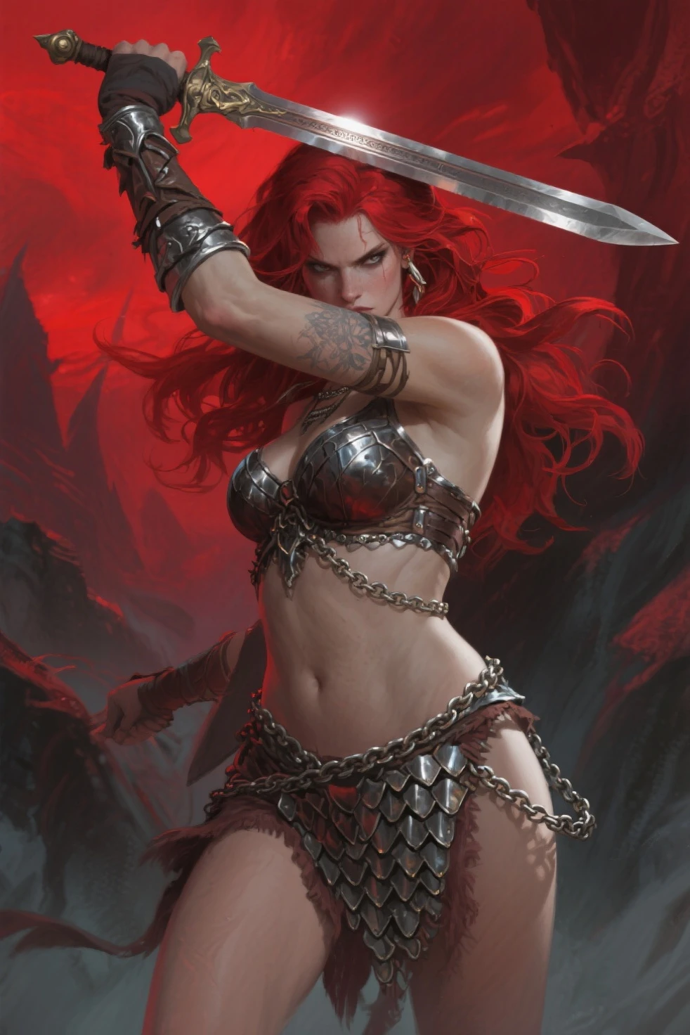 highly insanely detailed, masterpiece, top quality, best quality, highres, 4k, 8k, RAW photo, (1girl),solo,Belladonna, red hair, curly hair, long hair, pelvic curtain, cape, greaves, very long hair, bikini armor, facial mark, pelvic curtain, belt,
nature, night,
comic style, lineart,
abs, large breasts, nsfw,
holding sword, wolves, bird,barefoot, dynamic pose,
(random colors), (dynamic colors), (dynamic weather), <lora:Belladonna_v01-000003:0.80>