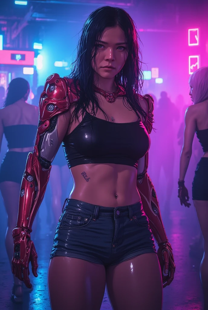 masterpiece, best quality, Confident cyberpunk girl, full body shot, standing in front of motorcycle, , eye-catching accessories, trendy and innovative hairstyle, vibrant makeup, Cyberpunk dazzling city scape, , neon signs, LED lights, bright and vivid color scheme, illustration, detailed skin texture, detailed cloth texture, beautiful detailed face, intricate details, ultra detailed. art by Ray shark