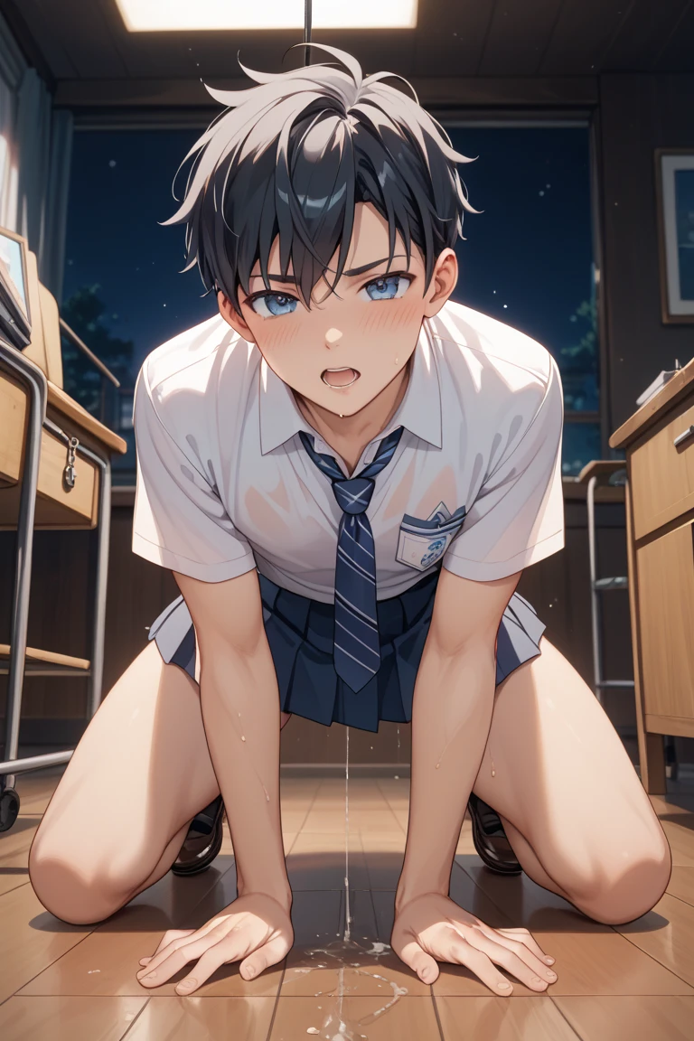 (score_9,score_8_up,score_7_up,score_6_up,score_5_up,score_4_up, source_anime), 8k, best quality, best lighting, BREAK, 11boys, 17 yo, thin eyebrows, toned, six pack, short sleeved navy soccer shirt, (bottomless: 2), veiny arms, , huge penis ((erect : 1.7)), huge testicles, thick outline, , blush, locker room, wide shot, look away, yoichi_isagi, blue eyes, black hair, sitting steel bench, spread legs, panting, bedroom eyes, steam, sweat, ((orgasm face)), (super massive cumshot: 1.5), cum on face, cum on shirt, cum on hair, cum on chest, cum on legs, cum strings, cum in mouth, bukkake,
