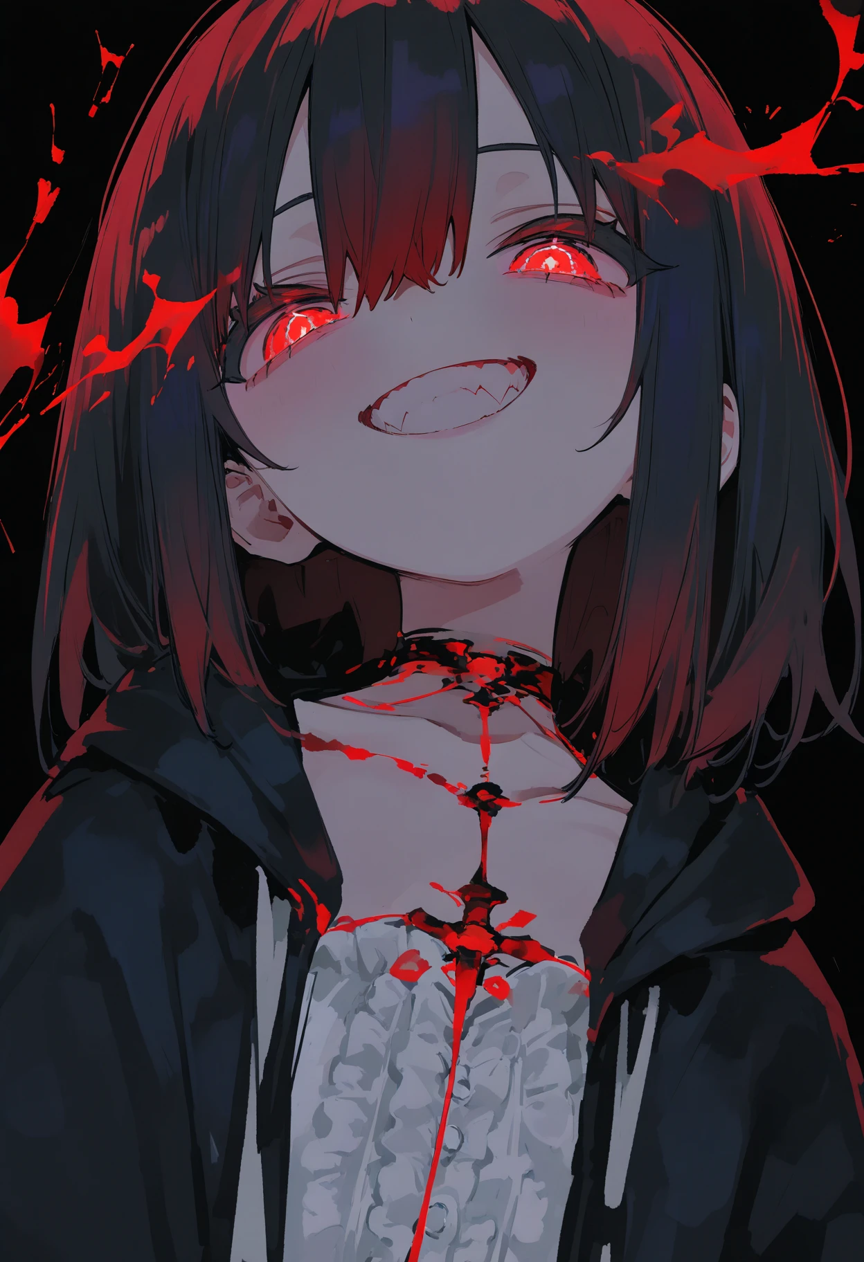 1 girl, chains, wrapped around my neck and wrists, from, enough, sawed teeth, sharp teeth, dark red black hair, smiling, black dress, evil, a high resolution, Ultra detailed, 8 K