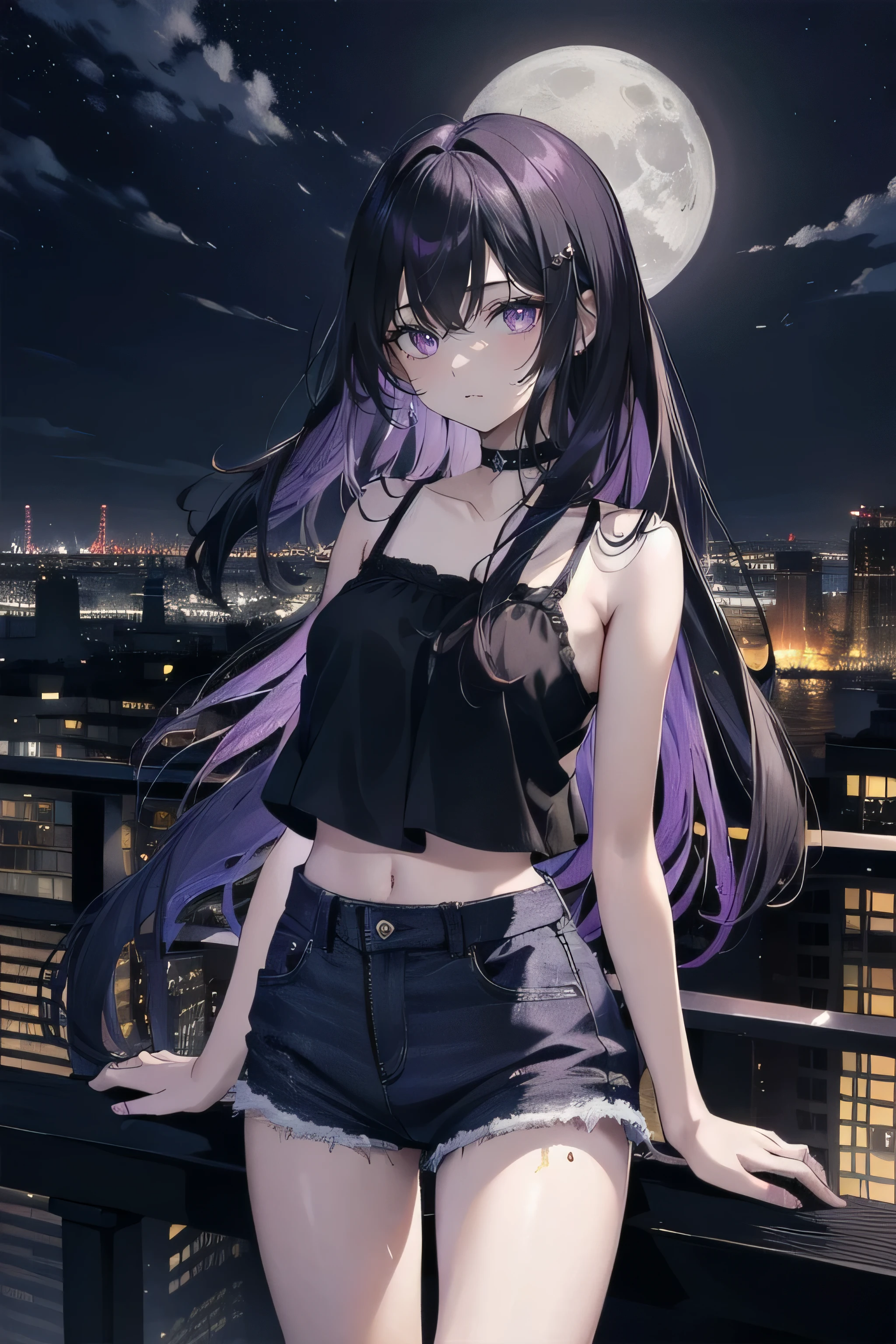 (masterpiece), (best quality), ultra detailed, finely detailed color, cenematic painting, anime lady, model, ((one lady)), 20-years-old, cute face, black hair, absurdly long hair, straight hair, (violet eyes:1.2), purple eyes, standing, chocker, ((black camisole)), sleeveless, bare legs, short jeans, emotionless, slender body, small chest, urban, moon, moonlight, rooftop, city, night