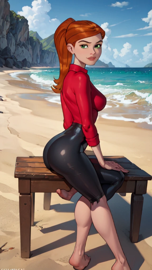 NSFW (nude) (Nami ((human)) large breasts, strip of pubic hair) rear view, doggy style fucking male furry Rottweiler with knotted penis, full body, on a deserted beach