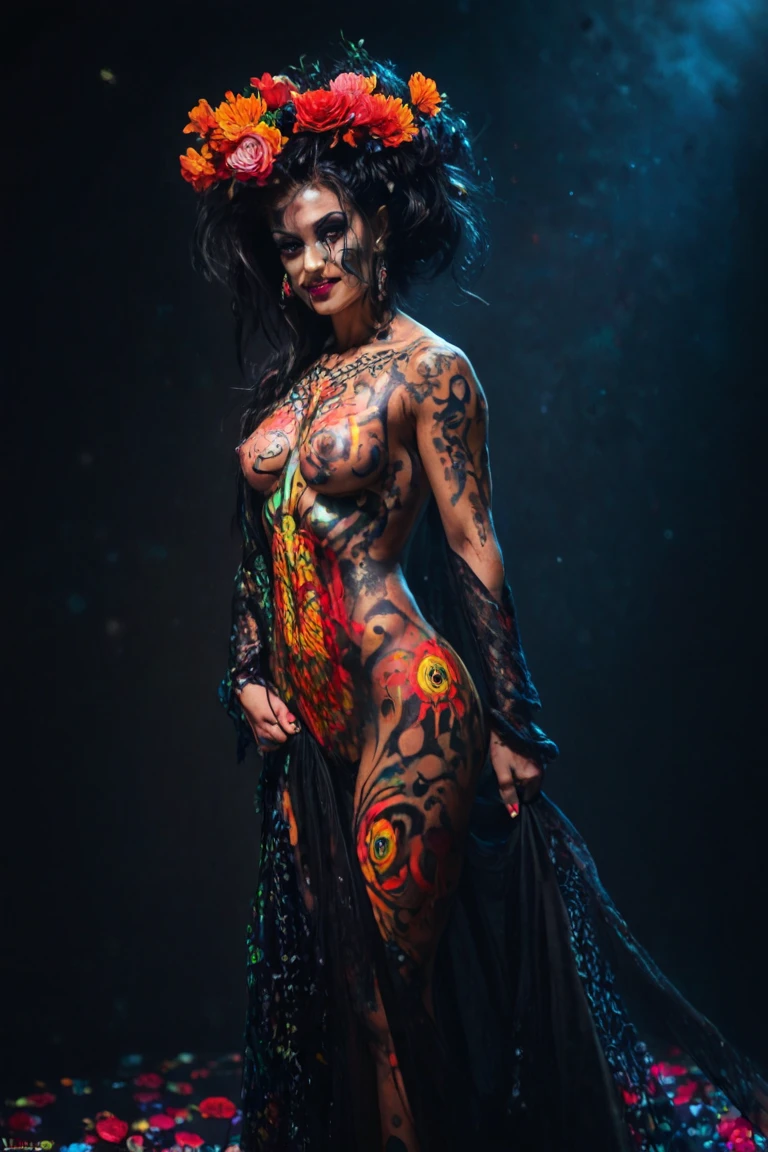 (surreal body painting:1.5), (female model with big hips and toned legs), (surreal and abstract designs), (dynamic and unconventional poses), (studio background), (vivid and contrasting colors), (high contrast), (intricate details), (8k RAW photo, highest quality)