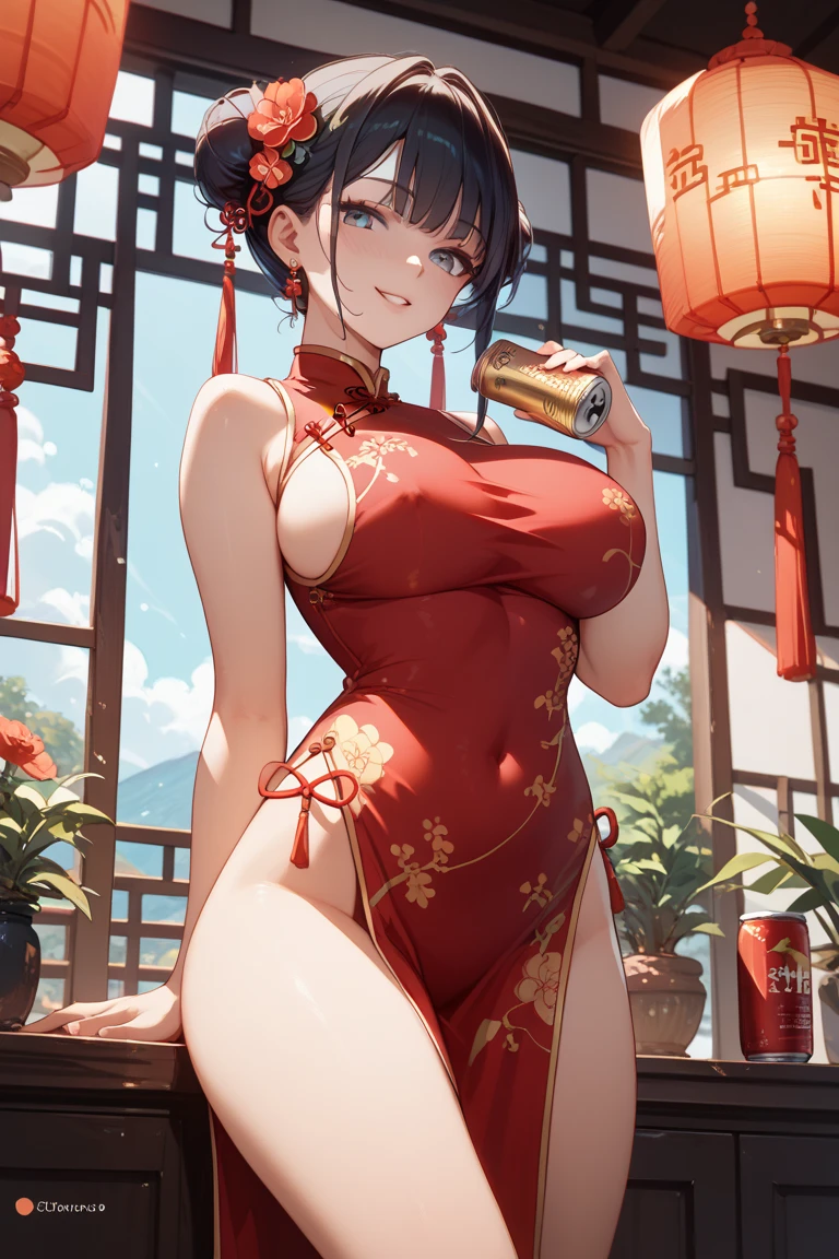 Latina Adult model Daisy Marie, Highest quality、highest quality、Highest Resolution、beautiful girl, Bright brunette hair,Short Hair、Big Breasts、Hair clip, Detailed purple eyes, ((Red cheongsam like underwear:1.4)),Firm breasts,Gold Necklace、Golden earrings、In close range