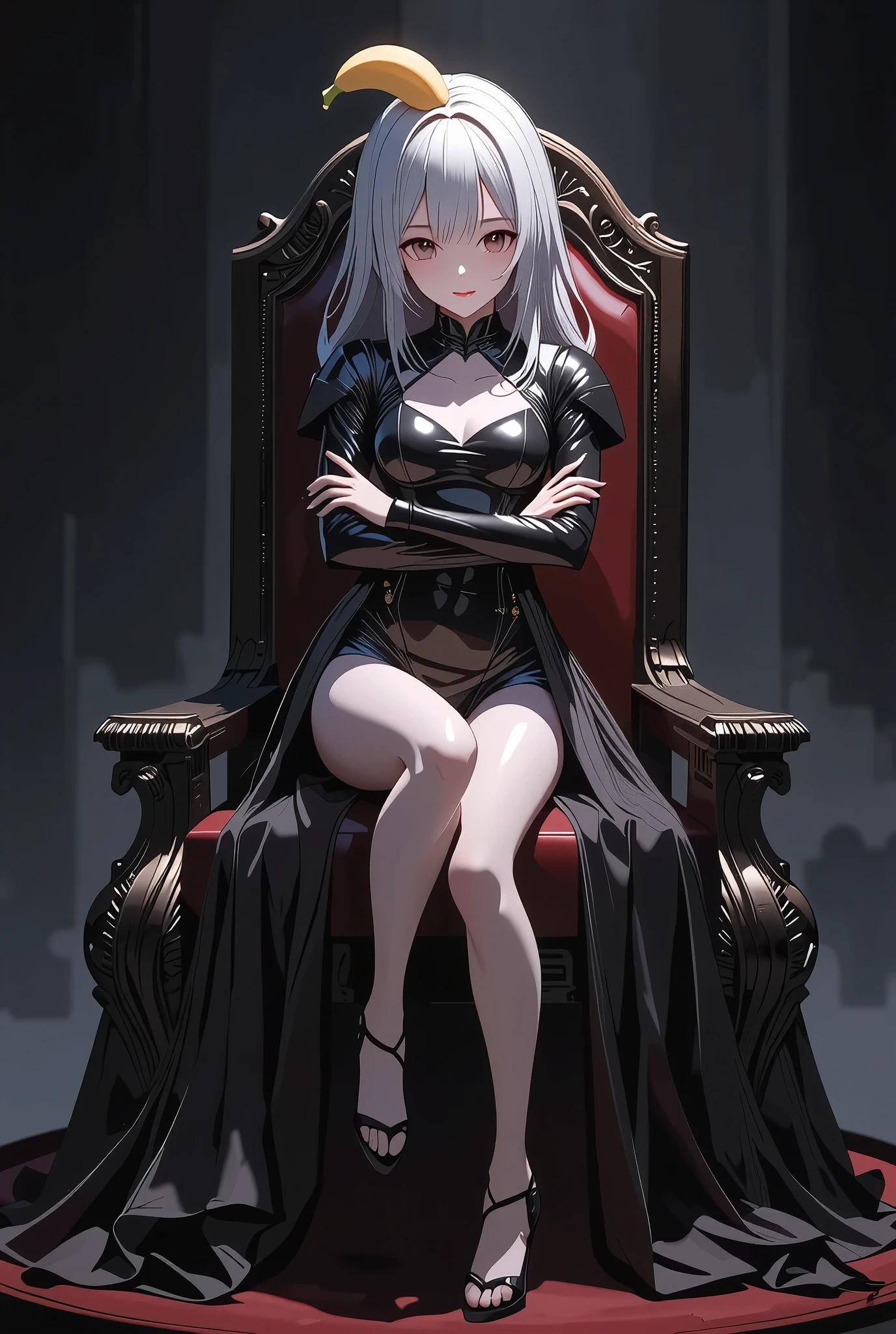 (hateful villain characters, (villain daughter is crossing her arms in front of her chest, The mean empress who stomps on you, Gothic ta girl sitting on a throne with her legs crossed), dark fantasy, (she looks down on you with her absurdly wide eyes, Details, downward-looking eyes), detailed and insidious face, despises you with a look of disgust, she looking from above, full body, 
(hostile female executive towering from her beautiful legs, kiri's latex effect), A scary black theme, 
high quality, Extreme Details, Photo realistic, Professional, vivid colors, Photography, digital art, Mysterious Atmosphere, A Point in the Dark, darker tones, shaded face, Complex expressions of evil, 
(looks like they see dirty things, acts that despise you, Intimidating, Holders of tyrannical power, Enchanting makeup), )
(and a cute \anime\ banana peal is sitting on her head, Comical banana growing from top of her head), 
you look from grand, 