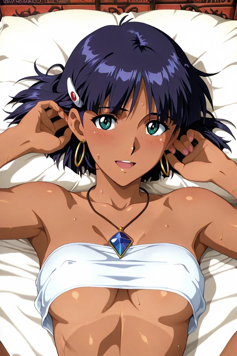 (masutepiece),(Best Quality), Katsuragi Misato, robe blanche, Brown eyes, Cross Necklace, Lingerie with small area、Persistent stare, Sharp eyes、Lying in bed、Seductive