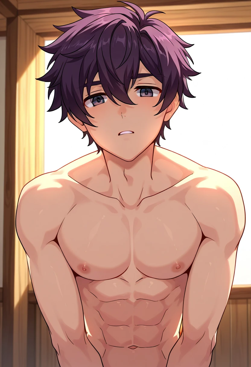 Anime style,top quality, best quality, High-quality illustrations, masterpiece, detailed background, 12-Year-Old-Boy, youg boy, shota, Purple cat boy, Shirtless, topless, Body, Slim body, Slim stomach, bed room, Such a cute smooth armpit, showing armpit, Cute armpit, sexy armpit, beautiful armpits, seductive armpits, The armpits of a 12 year old boy, Adorable little armpits, joyful, Blush, (highly detailed beautiful face and eyes), perfect anatomy, Blurry beckground, uhd, Bokeh