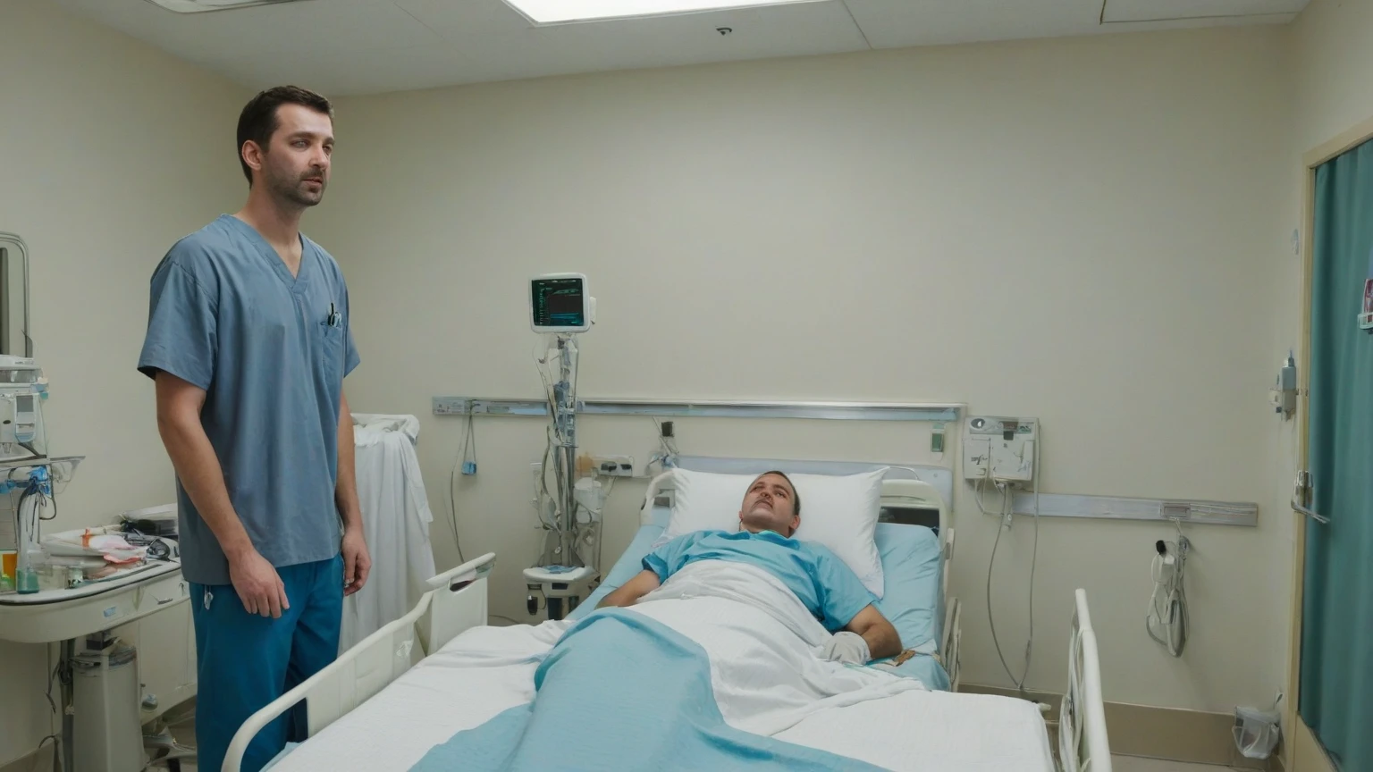 description: A foto mostra Silvio Santos deitado em uma cama de hospital. He is in a private room with white walls and a tiled floor. The bed is surrounded by medical equipment, including a heart monitor, a respirator and an infusion pump.