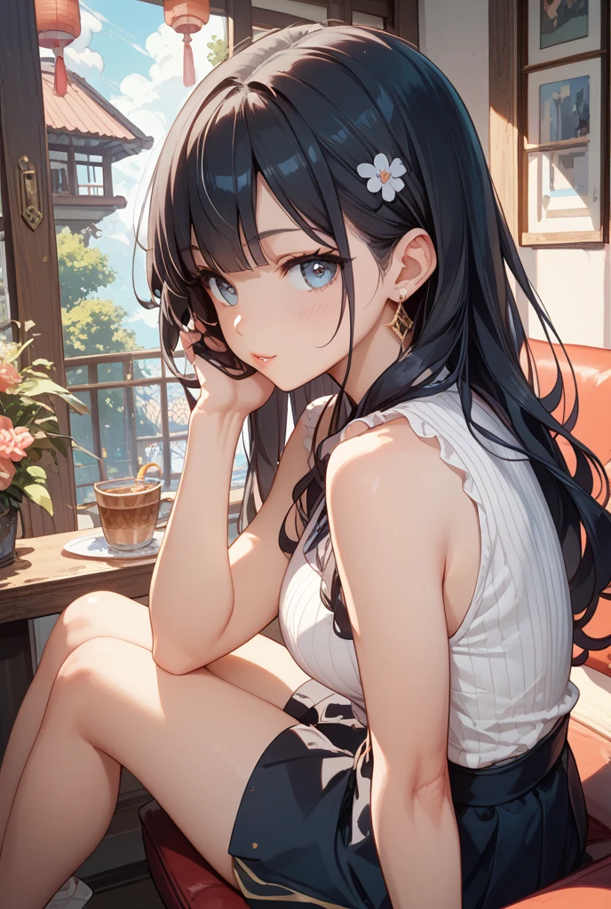 A girl resting on a scenic plain