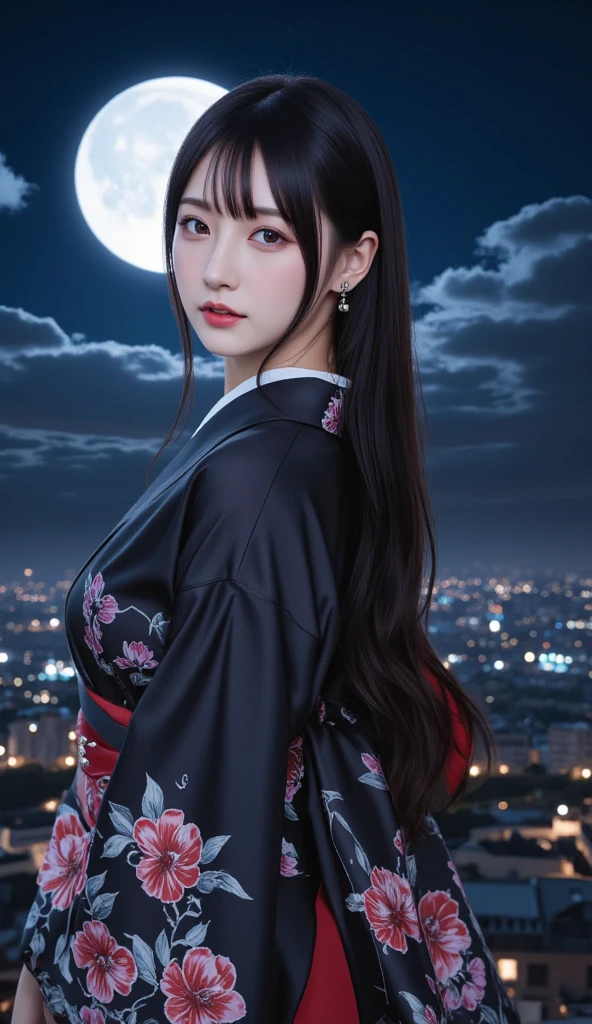 masutepiece, High quality, super detailed, ultra-quality, Very delicate and beautiful, Female 18 years old, (((Black hair from both sides to the waist))), eyes are sharp and strong,、shiny and、It has shiny eyes, Shiny eyebrows, Eye color Magenta, 6.5 head height, Clothes Yukata, Lace, (facial expression of smile), ((Background with:Mid-Autumn Moon)), Autumn leaves, Eulalia ,,