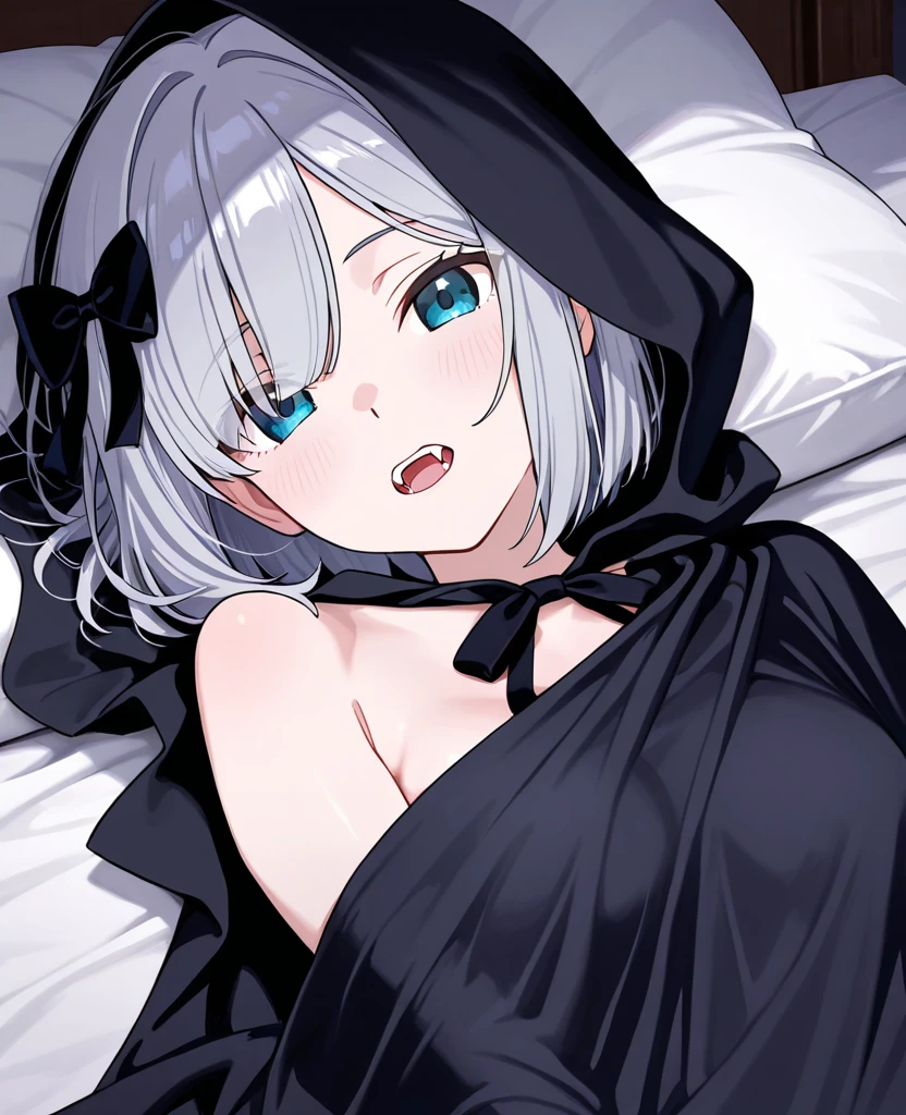 2girls, long blue hair, short silver hair, eyebrows visible through hair, black hoodie, hood over head, unzipped hoodie, small breasts, cleavage, Yuri, black skirt, spiked choker, thigh highs, girl on top, tomboy, face-to-face, facing eachother, bed, bedsheets, pillow, cute, girl on girl, bra on nightstand, panties hanging off bed, very happy, horny, kinky, crawling