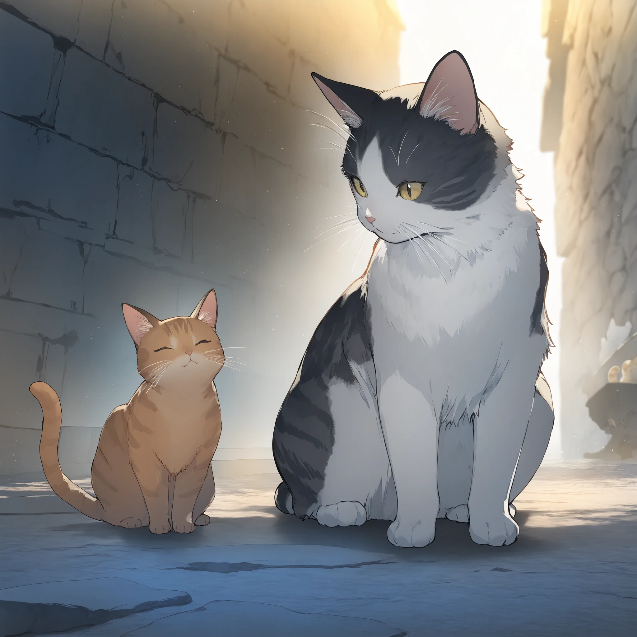 A Disney Pixar Ghibli wallpaper, montagnard, pluvieux, avec un chat noir et une chatte bleu, de dos percher et regarde le paysage, who are in love with heart-shaped tails, et il sont tous les 2 truffe contre truffe