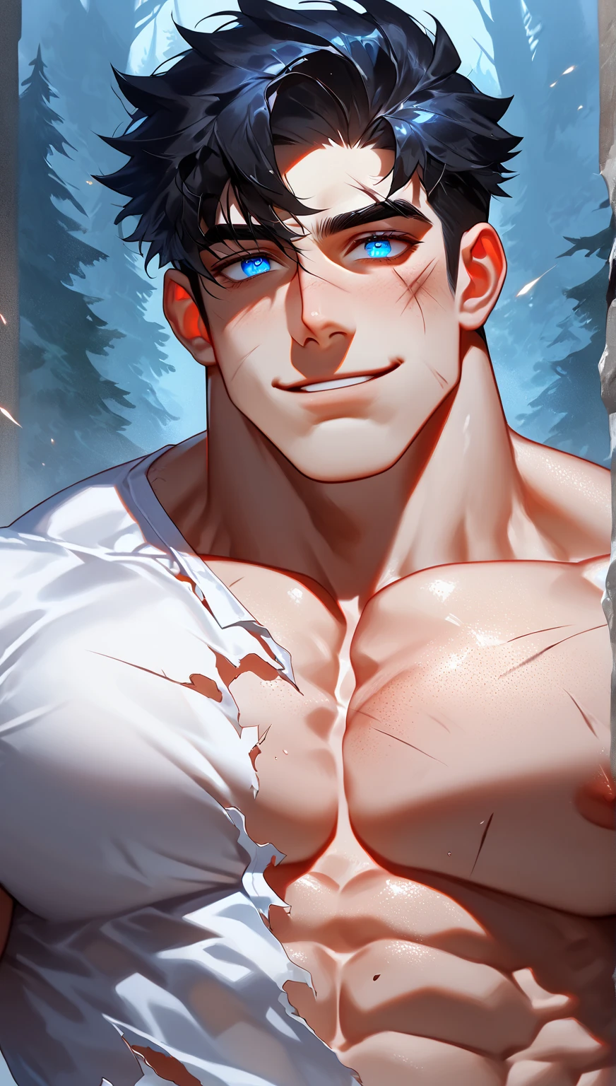 (absurderes, A high resolution, Ultra detailed, hdr), Masterpiece, Best quality, Portrait of a boy, Handsome boy with red eyes, Detailed face, Professional photo, The Arafards went into battle shirtless, legs are open, Lie comfortably， (puffynipple(From below:1.1)), Focus on your audience, 18 year old boy, Handsome boy, [ well-defined body ], [Firmly defined body]，Abs, ((A lot of black hairy))，((veins and hairy on arm)), chest muscle，(((large bulge))), White skin and undercut silver gray hair, Detailed skin and texture, Transparent black shirt open, (Tattoo), Transparent long pants open，Snow pine forest, outdoor, Cold weather, Cold smoke comes out of the mouth, Western oil lamp pole, Frozen, night starry, 16k