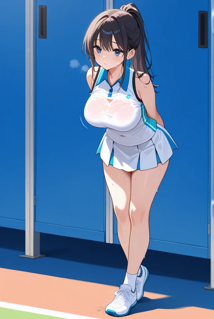 Yoshiko Tsushima love live,serafuku, breasts out,huge breasts, white micro bikini,mini gray skirt, skindentation, curvy body, thighhighs, elbow gloves,leg up , reverse suspended,solo focus,high-heels,on street , sweating , (drooling:1.2), trembling ,folded, surrendering 
