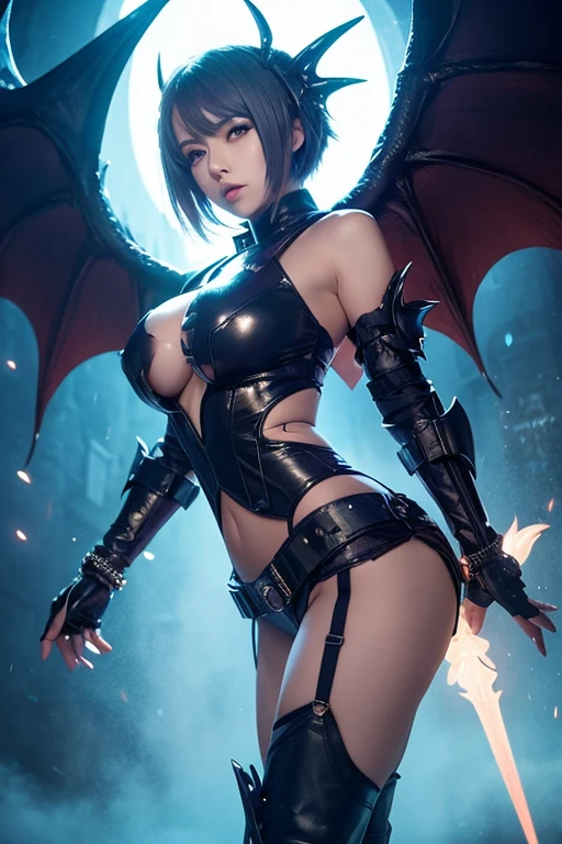 masterpiece,highest quality,Beauty,Pink Hair,bangs,Bobcut,nurse cap,Big Breasts,(Black Bondage),(Devil Nurse),(holding a big scythe in his hand),(Bats feathers),Cemetery at night,
