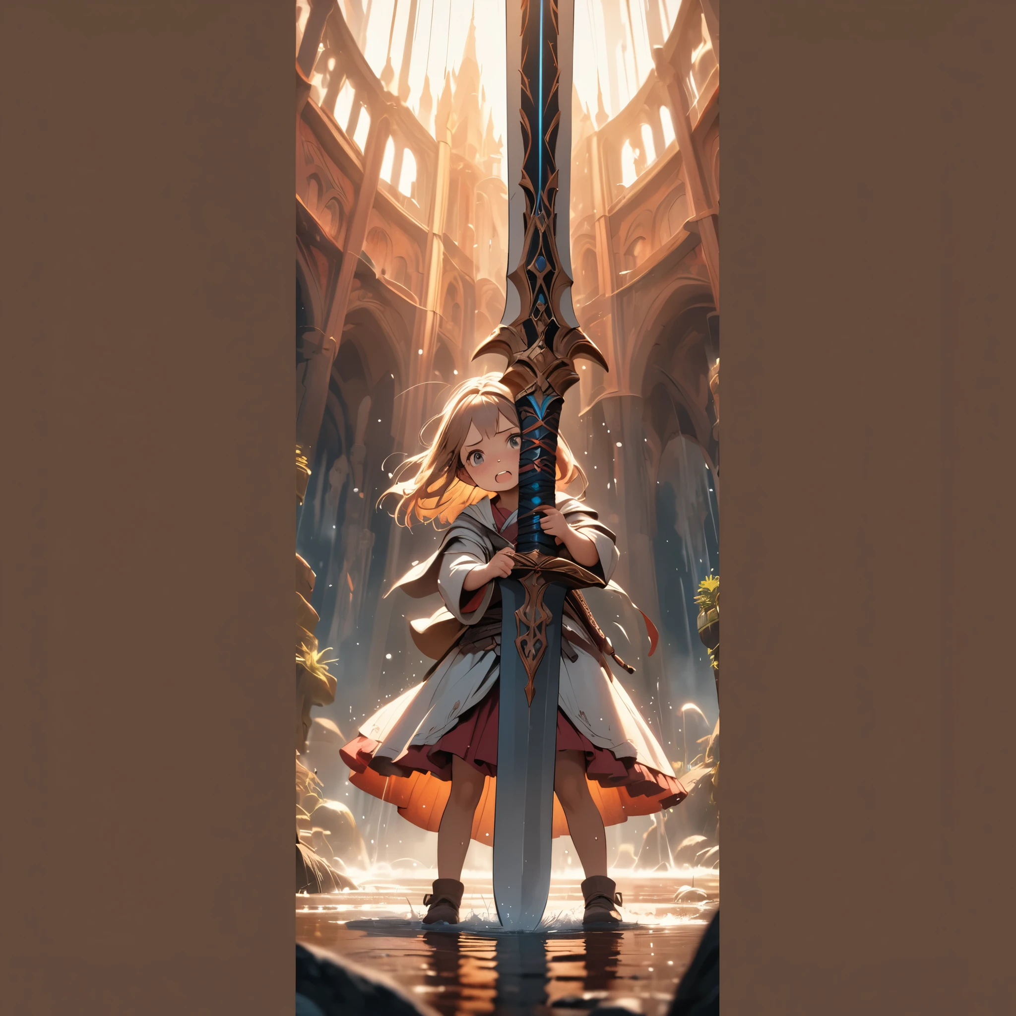  A Young Girl with a Big Weapon , cute expression, is struggling to lift a sword that is too big, Desperately Strong , face turned bright red, sweaty, Extremely wide shot , photorealistic, 8k, very detailed from below si, dramatic lighting, Warm colors, perfect for fantasy art style