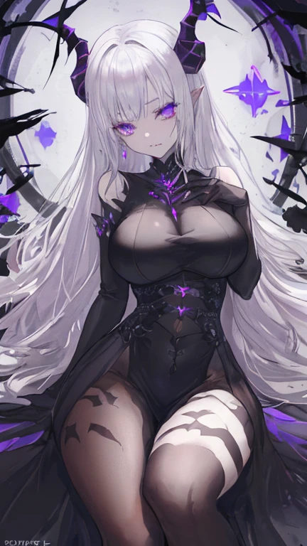 score_9, score_8_up, score_7_up, score_6_up, score_5_up, score_4_up, source_anime, 1girl, (pale skin:0.8), white hair, (long hair, straight hair), purple eyes, horns, demon horns, black hood, (ornate armor), strapless, cleavage, midriff, zettai ryouiki, curvy, huge breasts, wide hips, greaves, sitting, spread legs, dishwasher1910