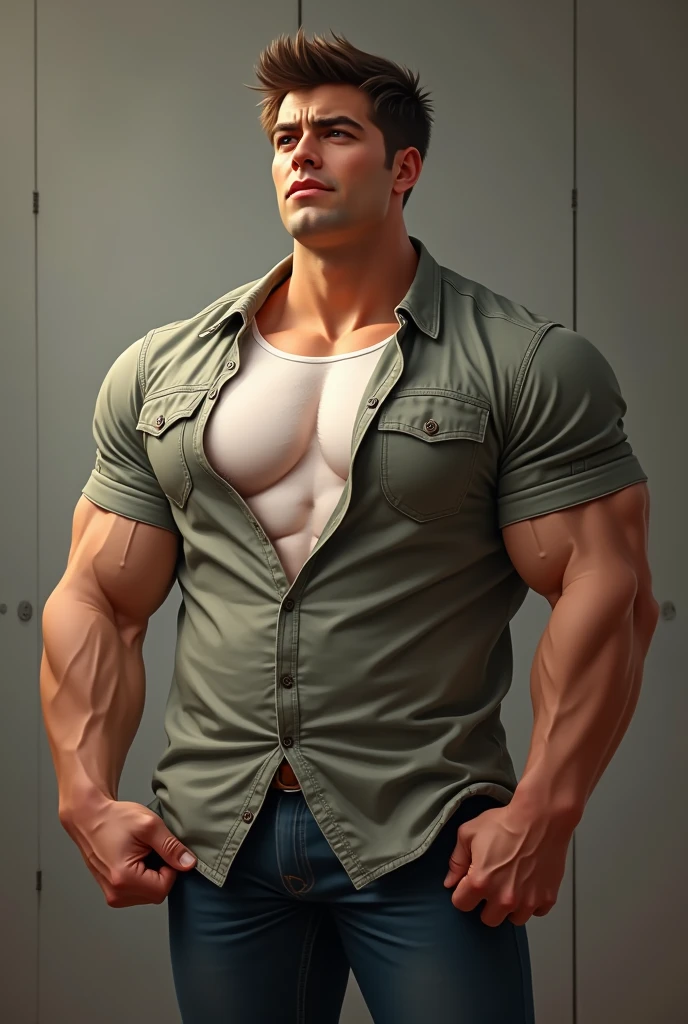 masterpiece, handsome , clear face, clear eyes, best quality, head looking at his abs, muscular, bara, shirtless, mature male , crew haircut hair, large pectorals, huge arms and hands, thick eye browse,dark grey jeans, tattooed sleeve, cropped feet, white background