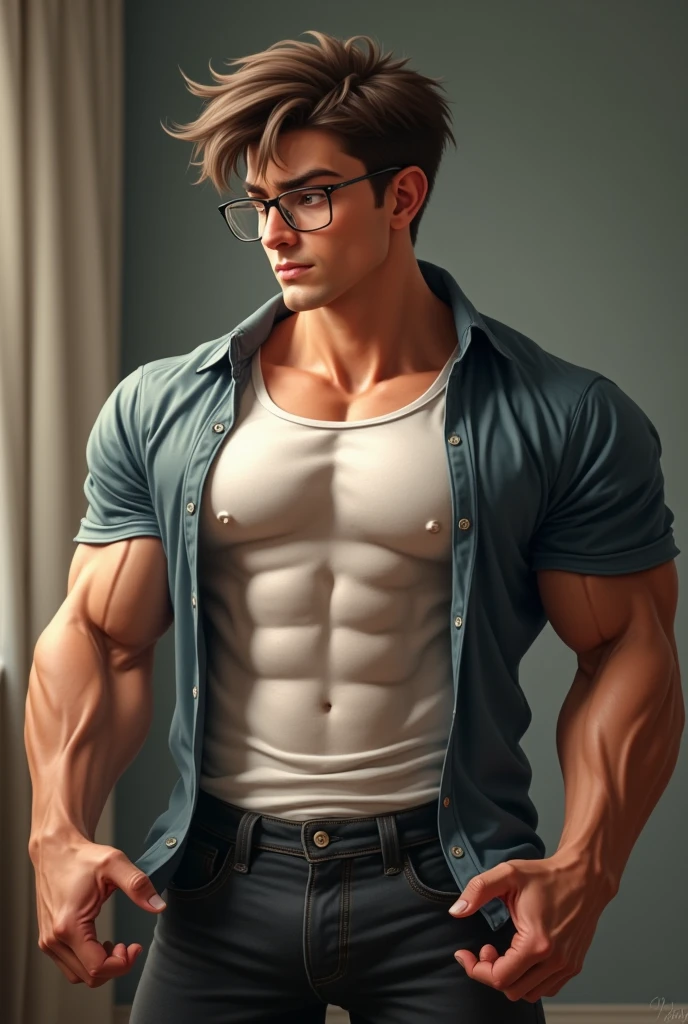 20-year-old male, Sweaters, chest muscle, Gold-framed glasses