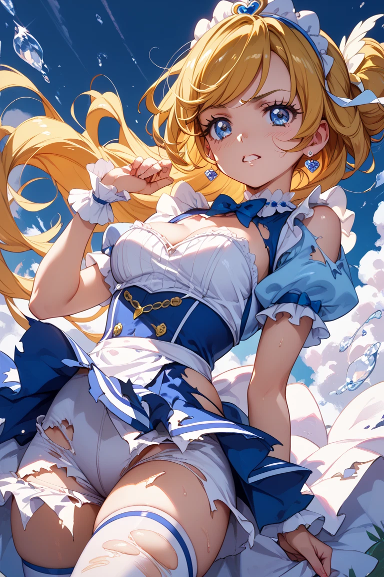 Top quality RAW photos in 32k resolution taken with Canon EOS R3, (frombelow:1.15),(masterpiece、top-quality)、Closeup of crotch girl in blue Lolita dress, Summer steppe, a blond, pink underpants,Bending over,A smile, Kamimei,Refreshing,put out the tongue,Beautiful anime girl showing pants, Anime girls show off their pants,Spread your crotch, thighs thighs thighs thighs!!!, Beautiful fece,white cheeks,, thighs thighs thighs thighs!!!!!!, thigh closeup, Bare thighs!!!,
