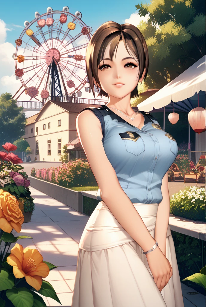best quality, 1 Girl, (Skin dentition), (Huge breasts:1.2), (Blurred Background:0.6), In a crowded amusement park, (Casual yet stylish, Elegant cloth,floral dress:1.5 ), Gorgeous, (short hair:1.5), soft light, Wind, (headlight:1.5), surprise,