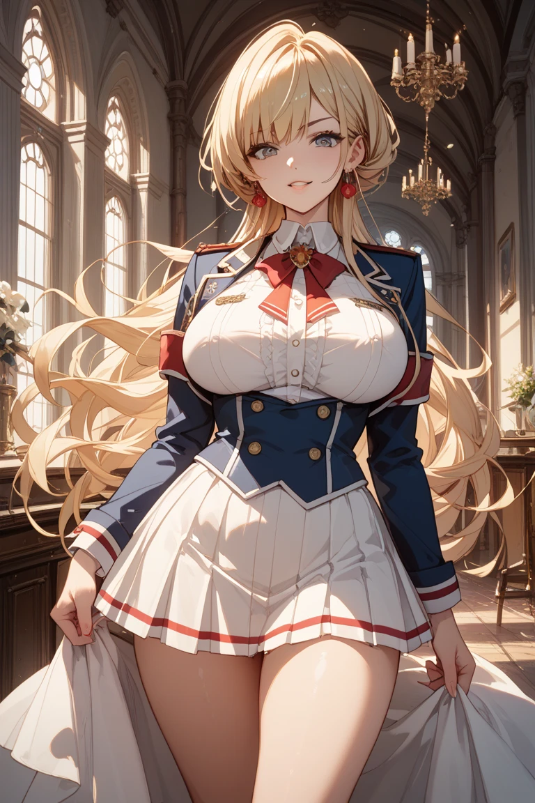 masterpiece,Highest quality, Unreal Engine, Ultra-high resolution, Very detailed, One girl,Medium chest, Waist, thin, (muscular:0.7) Rose Orianna Blonde Hair, Drill Hair, Blunt bangs, ,blazer, Frilled shirt, skirt, Thighs, Round Breasts, Medium chest while standing, Sexy pose, Put your hands on your hips, Waist shot, Watch with a viewer, blush ,smile, Lips parted,5 fingers on the right hand、5 in the left hand
