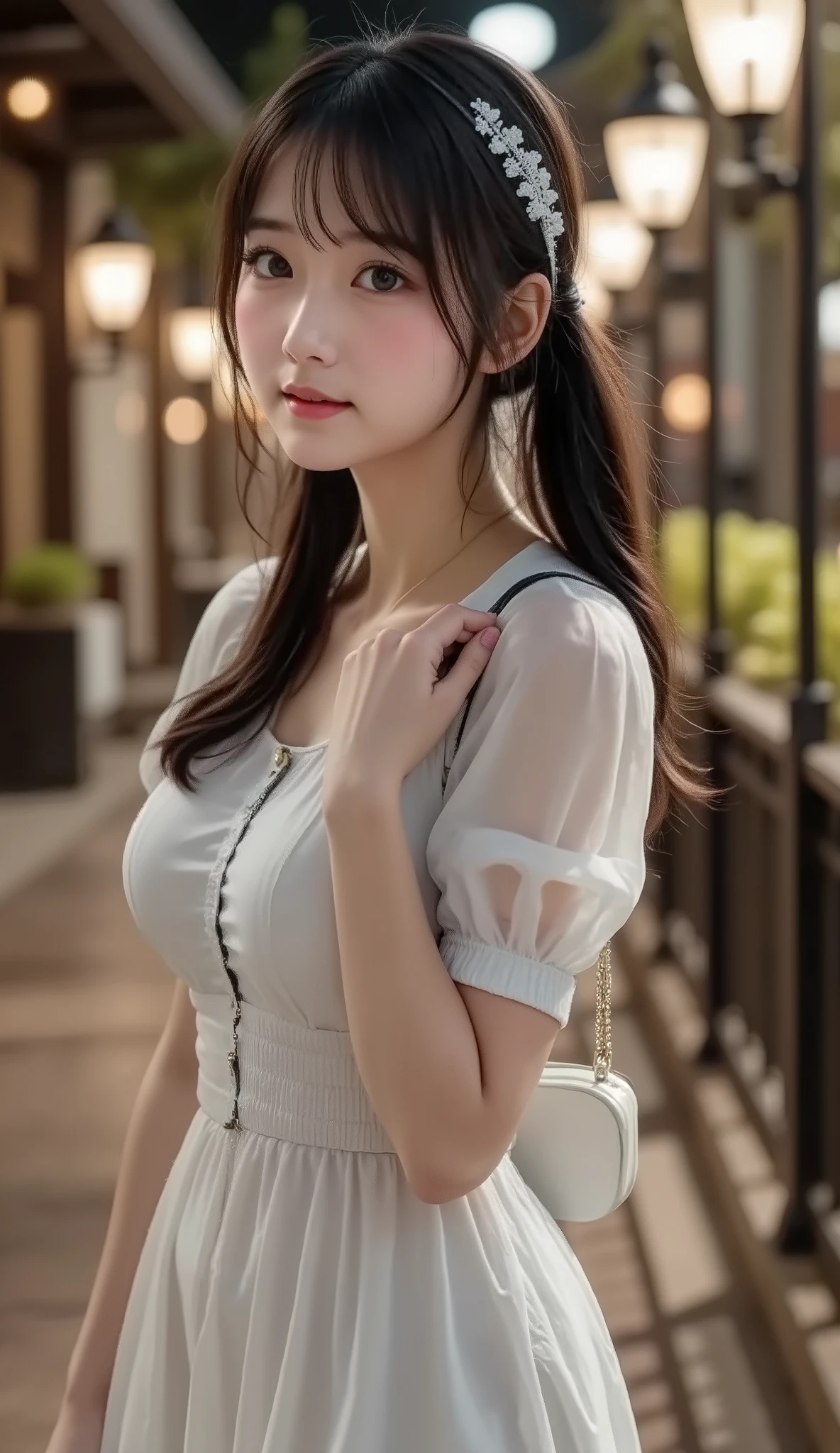 ((best quality, 8 thousand, masterpiece:1.3)), Concentrate upon: 1.2, bee waist, perfect body beauty: 1.4, ((layered haircut:1.2)), (raceway), Highly detailed face and skin texture, White skin, whole body, Looking at it, the gap is big., big bust, volume, laugh, pretty teeth, sweet, blue sky, blue sky, Crush clouds, translucent dress, wearing a wet white short dress, wearing a white dress, trendy white clothes, multi-layered outfit, wearing a cute white dress, (Climb on a moving train), ((blue sky아래 해변 옆으로 달리는 기차 지붕 위에서)), Wearing a cute headband, 늘어진 big bust,