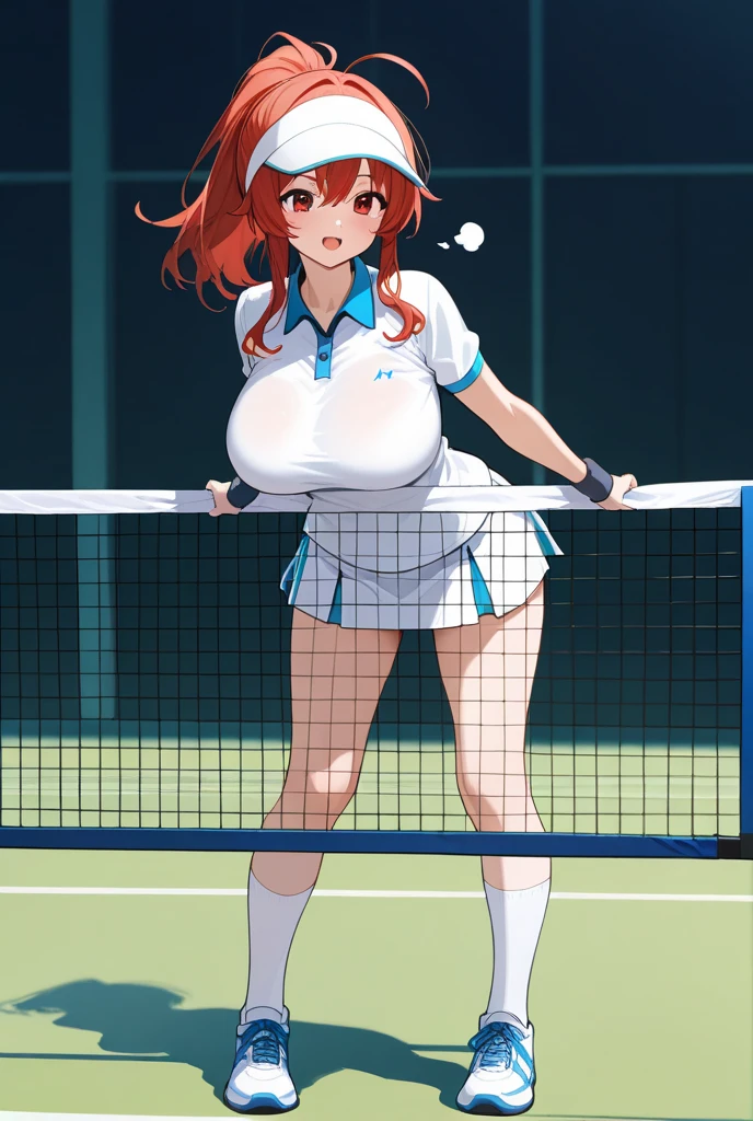 1 girl, red hair, hair in two ponytails, (big lips), black eyes, huge breasts, smile, blush, blush on the nose, thick thighs, high thighs, lively, thick thighs, wide hips, narrow waist, Hourglass figure, Silly, delicate, earrings, hair clips, full body, sexy pose, from below, white skirt, white thong, squatting, on a tennis court