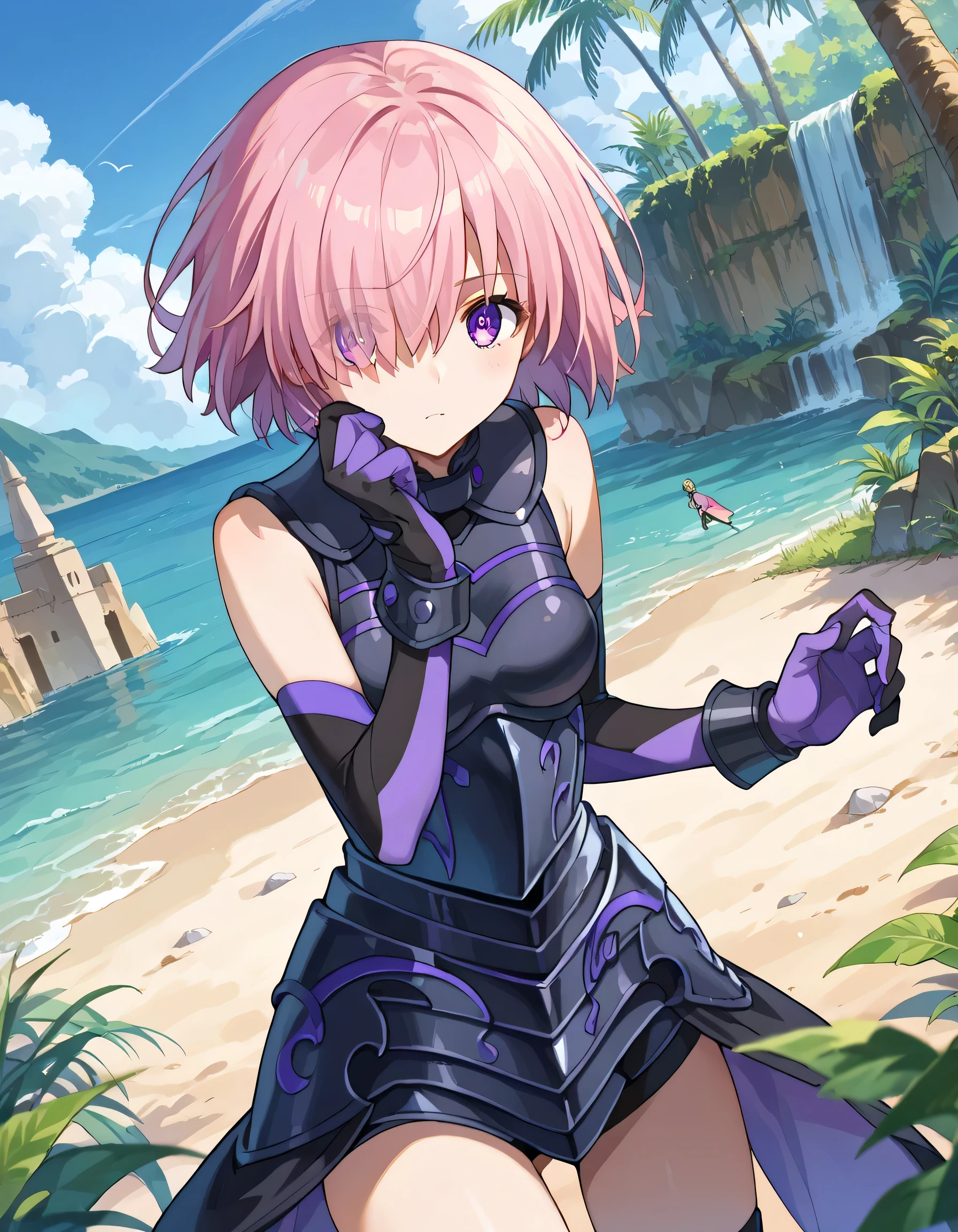 score_9, score_8_up, score_7_up, source_anime,
mashkyrielight,
mash kyrielight, short hair, purple eyes, pink hair, hair over one eye,
gloves, bare shoulders, elbow gloves, armor, black armor,
outdoors, 砂漠, oasis,
looking at viewer, cowboy shot, dutch angle, dynamic pose,