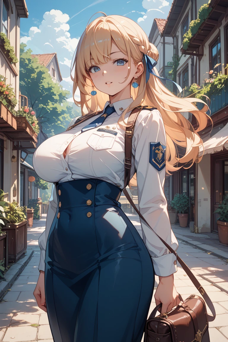 siegreich, absurd, 8K, high resolution, Ultra-detailliert, beautiful, Meisterwerk, best quality, very pretty woman, Sexy Schuluniform, taillenhoher Rock, Ohrringe, Strumpfhose, detailliertes Frauengesicht, Sehr attraktiv, (very large breasts:1.2),