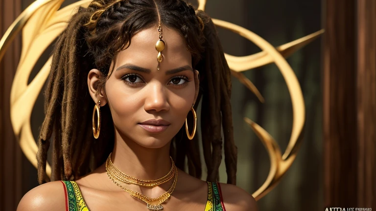 (Zendaya:Halle Berry) dressed like a nigerian chaman, red green and yellow sleeveless tunic, (high top fade haircut and dreads) tribal tattoo in the face, (golden rings necklace), Lovecraft atmosphere, masterpiece, hyperdetailed