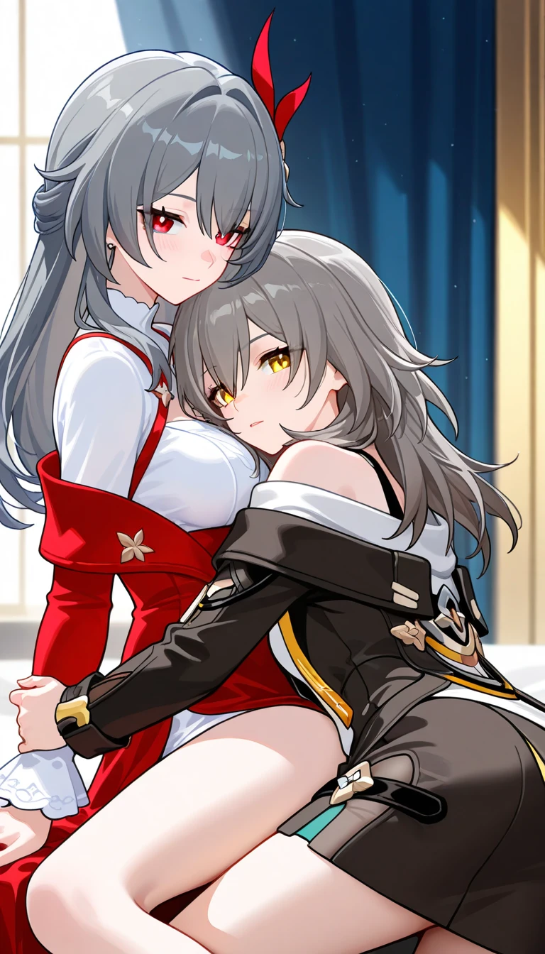ojousama, maid, nurse, yuri, sisters, adorable girl, bare legs, bandaid on leg, no legwear, breast_grab, hug, symmetrical_docking, skirt lift, sailor suite, cleavage dress, hanging breasts, breasts out, red eyes, half-closed eyes, endured_face, hair over shoulder, blonde hair, ahoge, in winter, masterpiece,best quality,official art,extremely detailed CG unity 8k wallpaper, harem, one breast out, boots, gloves, undressing,