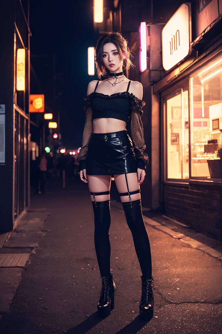 (8K、RAW Photos、Highest quality、masterpiece:1.2)、(Highest quality、Realistic)、1 Girl、((leather、garter belt、ponytail、Tube top、Arm Covers、Ninja costume、mini skirt、tights、Belly button、Gloves、ribbon、See-through、Thin legs、whole body、boots、City of night、View from the front、Looking into the camera、Stand with hands on hips))、cute