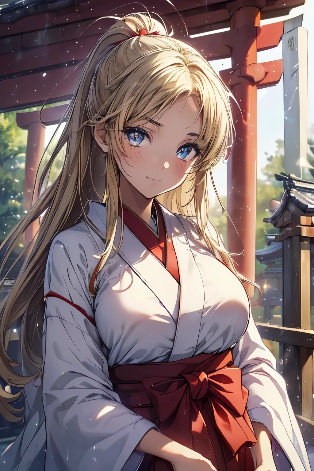 1girl, (Baby face), (cute:1.2),
((shrine maiden costume : (wide sleeve) + (long sleeve) + (floor-length hakama) + (Long red scarlet hakama:1.2) + (traditional Japanese shrine maiden costume) + (Clothing details)):1.3),
((blonde hair:1.2), (forehead:1.3), (ponytail : Curly hair + voluminous hair that stretches a woman's back + Bedhead):1.2),
((small ), (slim body)),
((Black Eyes:1.3), (tareme:1.4), (eye highlight:1.2), (twinkling eyes:1.2)),
((thick black eyeliner:1.3), (thick bluish eyeshadow:1.3), (False eyelashes:1.3), (thin eyebrows:1.3), (glitter eyeshadow:1.3), (under eyeliner:1.3)),
break
(Floating sparkles, Warm Ambient Light, nostalgic atmosphere, emotional atmosphere),
(background: ( traditional shrine grounds ), (torii), (Clear Skies ), noon, (soft light), (Warm Summer Breezes), (wind chimes), Glowing Lanterns , Dynamic),
((standing:1.2), ( Confident and Strong ), slightly squinting),
(motion blur, freeze-frame action, vivid colors),
(upper body:1.3),
(from front),
break
((gentle expression:1.2), (soft expression:1.2), smile),
break
Symmetrical Face, detailed face,
beautiful hair,
double eyelids, Thin eyebrows,
detailed eyes, beautiful eyes on my stomach, Shining Eyes,
glossy lips, beautiful lips,
detailed skin, beautiful skin,
break
(best quality), (master piece:1.3), (ultra detailed), (photorealistic:1.3), (highres), 16k, 1080P, Full HD, extremely detailed CG, realistic, anatomically accurate, anime, 2D,