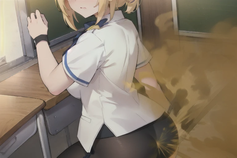 nsfw,(Petite),(A cute boy),blonde low twintails,lips,(Butt Voyeur),Sweat,White Breath,Audience peering in from below,Back view,Big Ass,Groin bulge,Ass up close,skirt,Spread your legs,(Sit in an M-shape),Black Pants