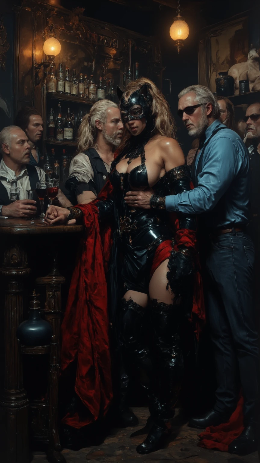 an old white haired steampunk alchemist in his laboratory by his side his beautiful female assistant dressed in a revealing leather outfit
