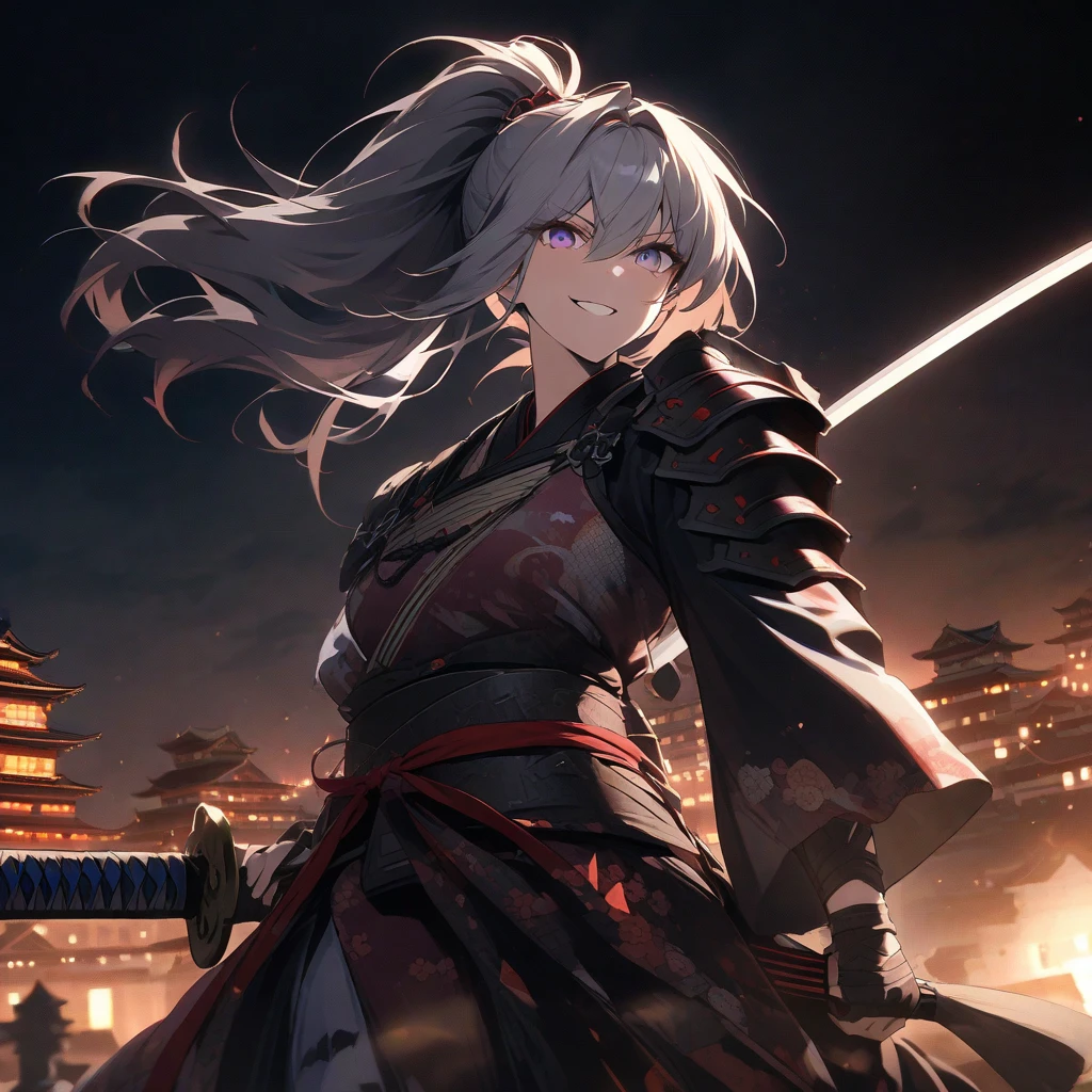 1 samurai girl, ((standing on bow of ship)), character focus ,(cinematic angle), (from below), from side,cowboy shot ,japanease clothing, vivid kimono ,serious face ,(((looking ahead))),high resolution,(incredibly absurdres),anime visual,extremely detailed CG unity 8k wallpaper, ((masterpiece)), ((top-quality)), (beautiful illustration), ((an extremely delicate and beautiful))