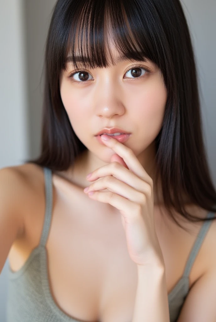 (((Like the picture、Focus on the eyes:1.1、Extremely detailed:1.22、Ultra-high resolution、masterpiece:1.45、Highest quality)))、((((Whole body expression:1.68、camisole、Leaning forward、One person))))、long, straight black hair、So that every single hair is clearly visible、The subtle color changes of hair depending on how the light hits it、 Skin has a natural glow、Fine skin texture、Representing the fine details of pores:1.25、Details of the light redness on the forehead and cheeks、(((Eyes with fine iris details、The eyes depict color gradations and patterns.、Long, natural-looking eyelashes, each and every one visible、Well-groomed eyebrows、眉毛のindivual々The hair is clearly visible、Light reflecting off into the eye、The light in the eyes creates small highlights)))、The nose is delicate、Fine detail on the nostrils、Lips are plump and naturally pink、Depicts the fine lines and soft curves of the lips、lips are shiny and、The gloss on your lips accentuates their shape.、(((Detailed depiction of lip texture、Particular attention to the depiction of light and shadow、Soft natural light gently illuminates the face from the front、A faint glow on the forehead、A slight shine on the nose、A slight glow on the cheeks、Shadows are cast softly along the contours of the face、Accentuate the sides of your cheekbones、Accentuate the sides of the jawline、Emphasize the sides of the nose、The gloss on her lips reflects the light faintly、Lips emphasize the plump texture、The shadow of the hair gives depth and dimension、indivual々The hair shines in the light、