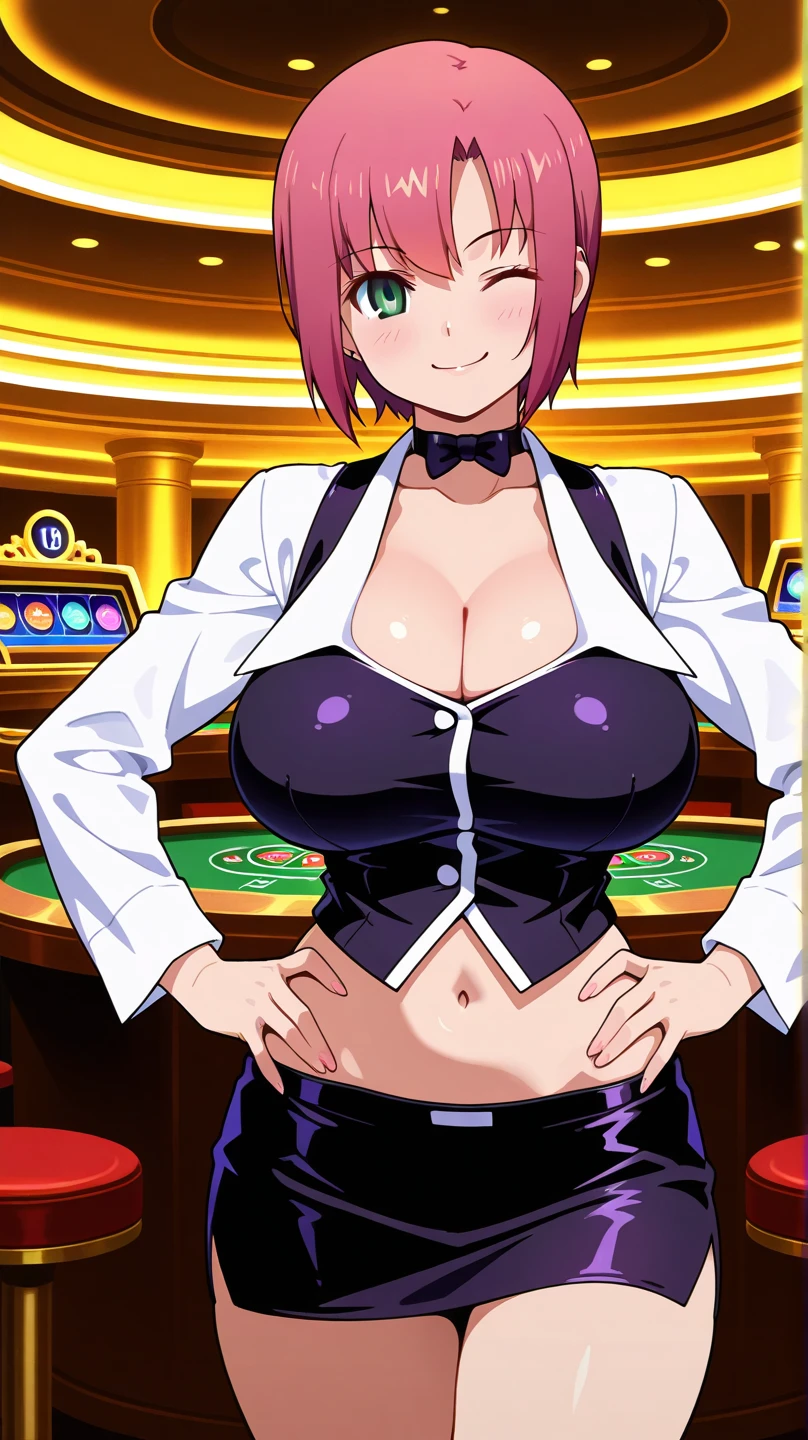 nsfw,Masterpiece、Cowboy Shot、One hand on hip、phsaber,Artoria、((Big Breasts))、(smile)、((Completely naked))、((vivid purple sexy high leg panties))、Calm expression、(((Close your mouth)))、((Inside the casino))、Shiny Skin、(Smile)、Vivid Green Eyes、Big eyes、Detailed eyes、Toned thighs、Around 30 years old、Above the knee socks、Glamorous Girl、Sexy pose、Five fingers、