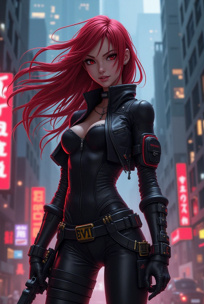 a beautiful woman with fiery red hair, piercing green eyes, and a bold red lipstick, wearing a black catsuit, highly skilled in hand-to-hand combat, stealthy movements, skilled marksman, confident and determined expression, dark and moody atmosphere, cinematic lighting, detailed facial features, dramatic shadows, vibrant colors, gritty and realistic, masterpiece, 8k, photorealistic