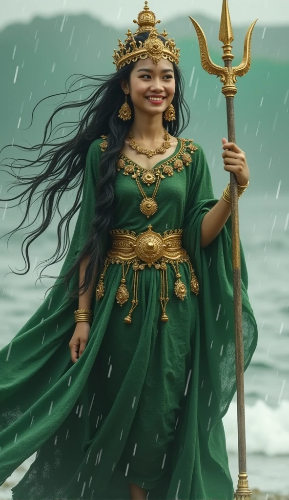 painting art of Kanjeng Ratu Kidul in a green dress with a gold belt, South Beach Queen, portrait of a beautiful goddess, goddess of Southeast Asia, goddess of love and peace, beautiful goddess, a stunning portrait of a goddess, painting of beautiful, earth goddess mythology, goddess of nature, goddess art, Indonesian goddess of wealth, female goddess, fantasy woman, goddess of beauty, wearing a small gold crown with a crystal arrangement in the middle, dark green kemben (camisole) luxurious jewelry, dark green shawl and cloth skirt batik sarong, smooth green and white, standing on blue water with waves and with a dramatic effect, surrounded by whirlpools, creating a mystical atmosphere, fractal art, bright and shining in the center with a dark background, water manipulation, intricate details, hyperrealistic, throughout body, UHD, HD, hyperdetail