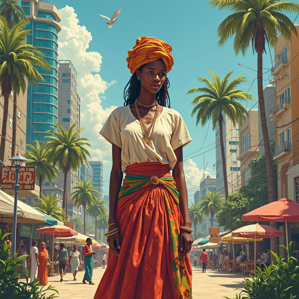 Yemoja Smite, 1girl, solo, long hair, ((button up shirt, Office skirt, glasses, high heels, head bandana, secretary)), jewelry, earrings, sky, dark skin,  necklace, bracelet, dark-skinned female, tree, sun, day sky, ((very dark skin)), dreadlocks, blue eyes, tear drop earrings,  African woman, (mature female),
large breasts, thick hips, thick thighs,
(Office, Office Windows, African skyscrapers),
(masterpiece, best quality), <lora:YemojaSmite-000007:0.8>