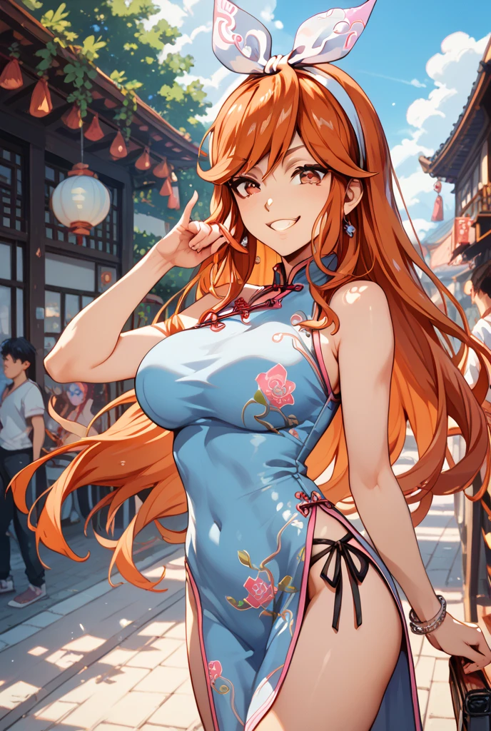 top-quality、hight resolution、​masterpiece、super precision、８K、(1人の女性)、8 head body、
Colorful、Fine skin、large full breasts、big butts、Deep slit、
Beautie、Bright expression、A slight smil、red blush、plump eyes、Eyes sparkle、
(((Luxury cheongsam)))、off shoulders、
（Photorealistic backgrounds）、Summer Day、street corner、Crowds、kirakira、
Watching the viewer、
(Hair collection)、(((hair adornments)))、Hide your fingertips、Refers to 5 books、
(Composition looking up from a low position)、Turning、