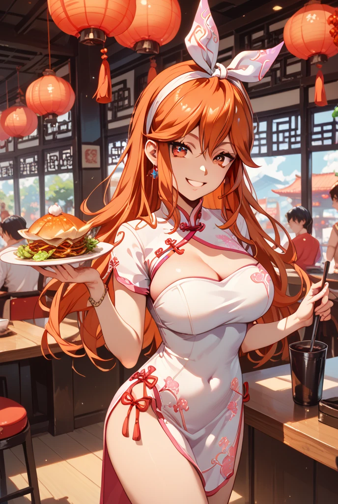 young girl, Long red hair, Two buns, smile, blue eyes, Chinese sleeveless dress, Shorts, A tray of food, Masterpiece, hiquality, 70% nude, sex pose. nsfw