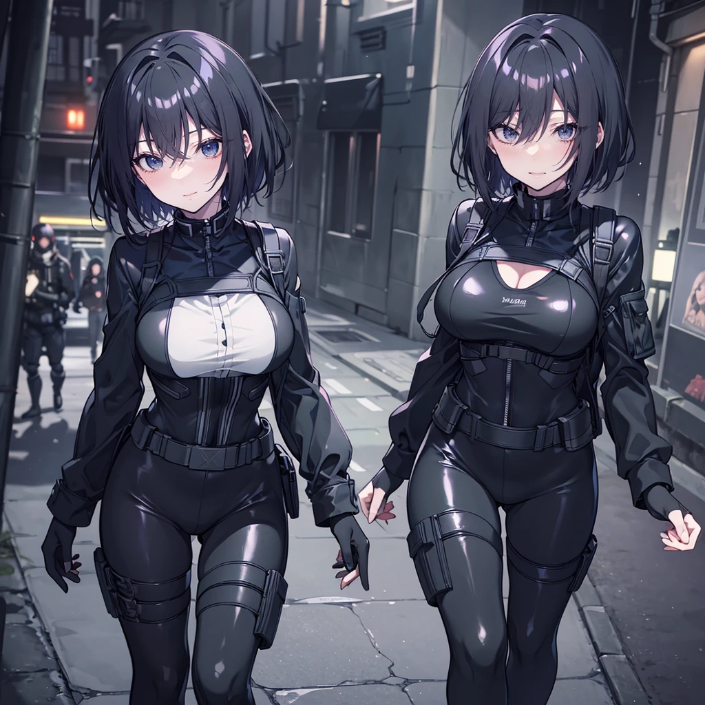 Very detailed, Very sharp, Highest quality, woman, Sophie Thatcher's face, Black rider latex suit, tall and lean figure, Harness, night, night street, Light, Very short black hair, Heavy makeup, Scapula, holster,