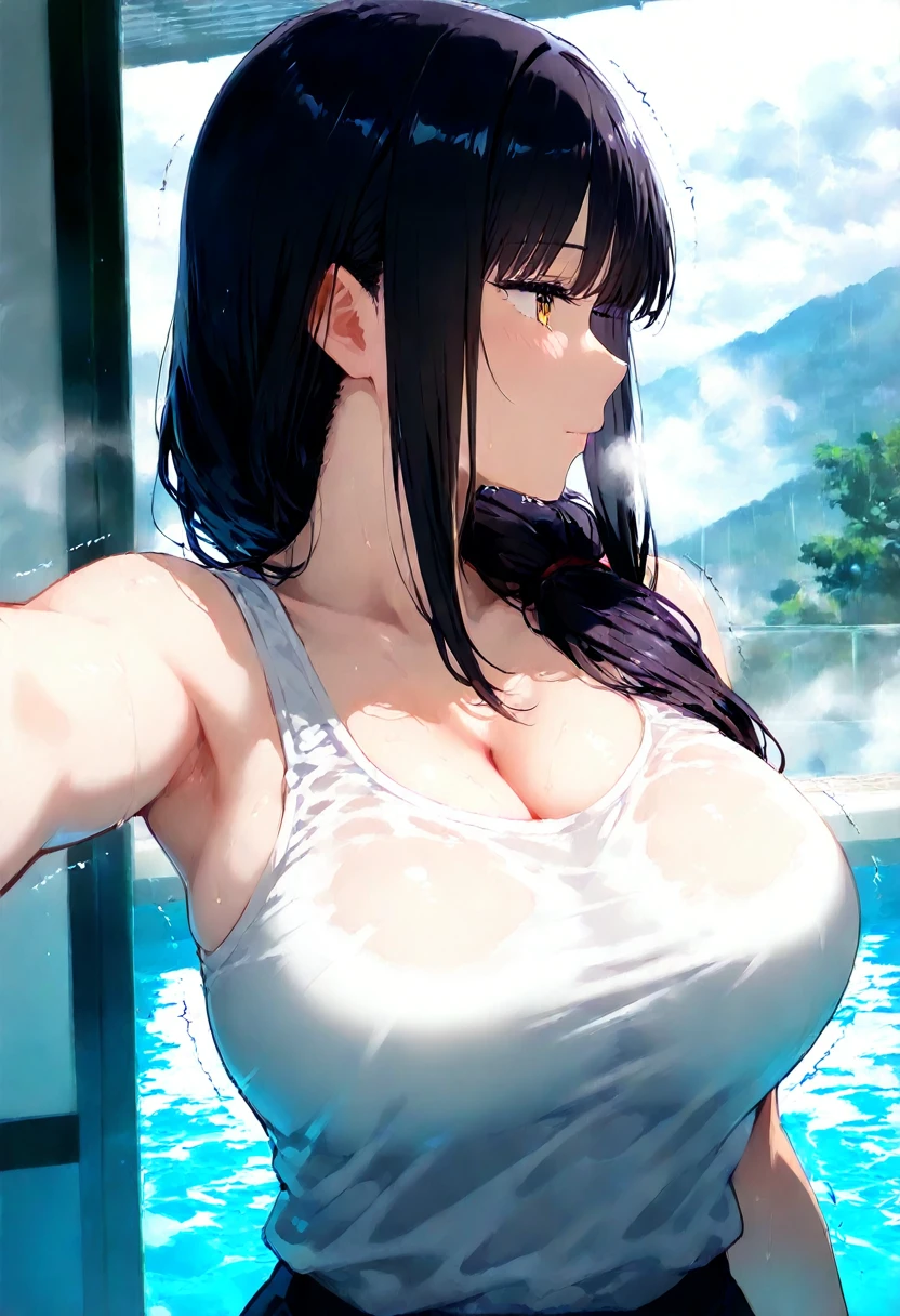 absurderes、hight resolution、ultra-detailliert、 、Indoor pool、dark ilumination、Very heavy rain 、swimming pools、 (masterpiece、top-quality)、Ray traching、absurderes、nffsw、master piece, ((View landscape)), (profile), (Side), Seen from the side, Facing to the side, Sharp Focus ,Delicate Beautiful Hair and Eyes and Face, Lifelike, Hyper-detailing, a beauty girl, Dynamic Hair, pale skin,Smooth skin, ,natural(large boob:1.3), ((exposed breast)), ((cleavage of the breast)), ((The areol)), (teats), (Leaning forward),Beautiful cute woman, Cute 17 year old girl , (((cum on facial))),((cum on chest)),((cum on the body)),((Bukkake)),soaked body,Fog exhaled,steam,trembling, (Delicate black hair),Braided shorthair, Sideways,((Wearing a competitive swimsuit)), scornful look, Contemptuous gaze, dislike, is crying, a closed mouth, (((arms behind back))), ((Protruding chest)), Clean perfect breasts