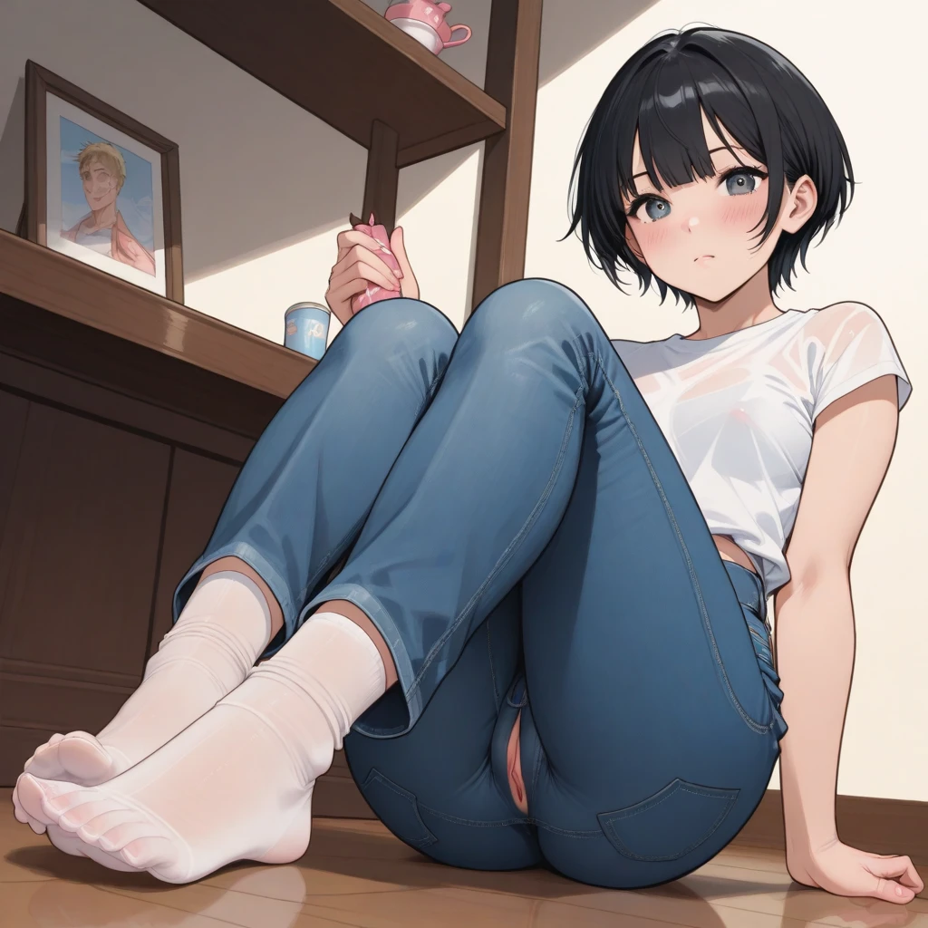 ((1 girl)), 1 face, sitting on bed, (((M legs))), (girl in skinny tight navy jeans), (long jeans), (navy jeans), ((jeans legs)), slim, slender, adult, 29 years old, (short bob cut), ((black hair)), bangs, nose blush, full opened eyes, round mouth, drool, orgasm, (topless), hard nipple, pink nipple, (((embarrassed))), hard sweat, ahegao, detailed face, blue eyes, big ass, japanese, detailed jeans, detailed cloth, high quality, cameltoe
